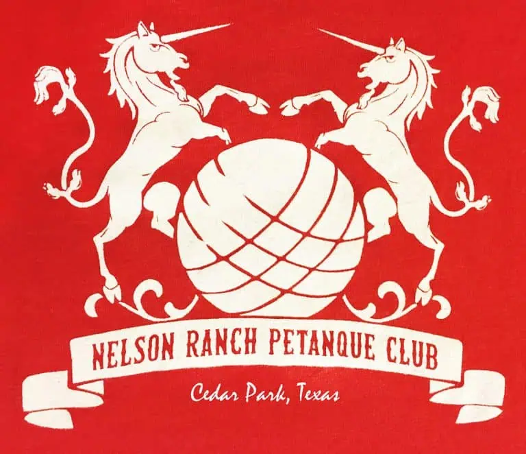 Logo du Nelson Ranch Petanque Club avec deux licornes et un globe sur fond rouge.
