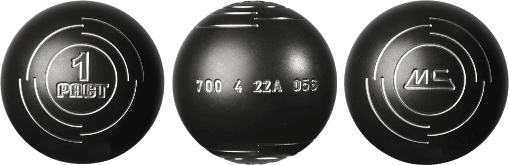 Three black pétanque boules with engraved markings for beginners.