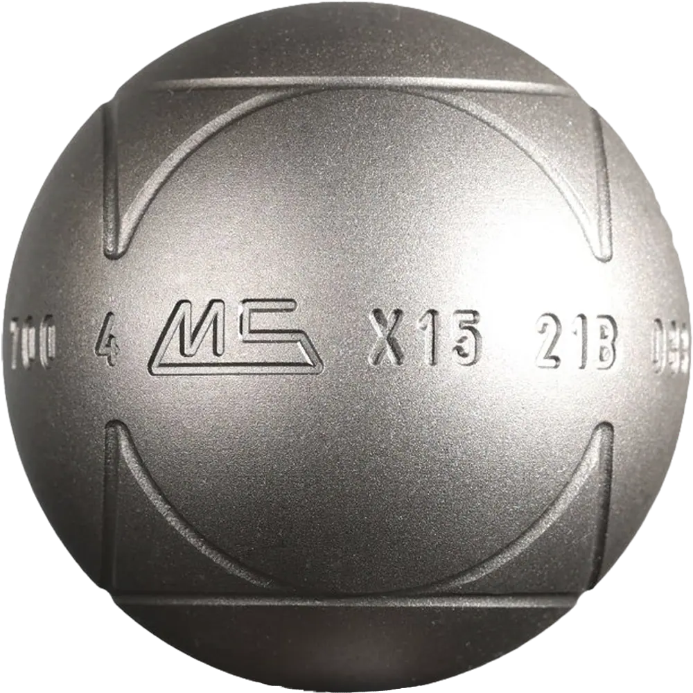 Close-up of a pétanque steel ball used in competitive pétanque games.
