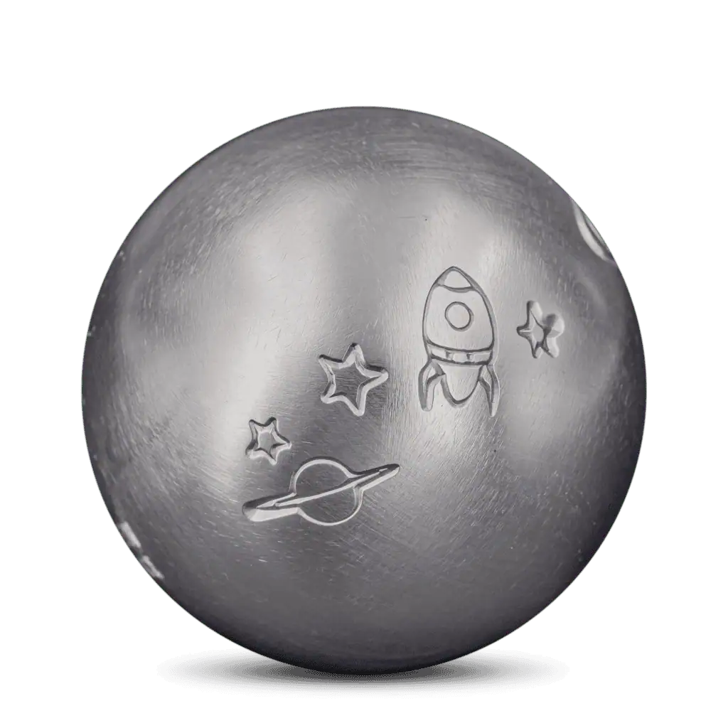 Silver petanque ball with space-themed engravings for juniors.