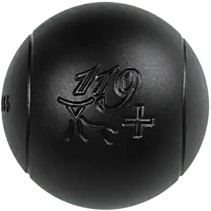 Black petanque ball with engraved markings for petanque gameplay.