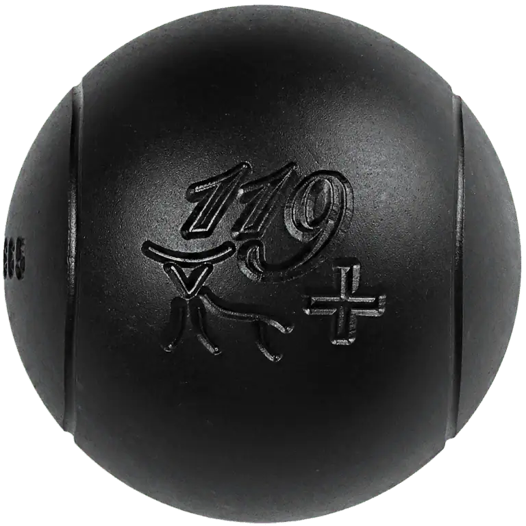 Black petanque ball with engraved markings for petanque gameplay.