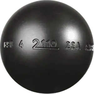 Close-up of a black metal petanque ball with engraved markings.
