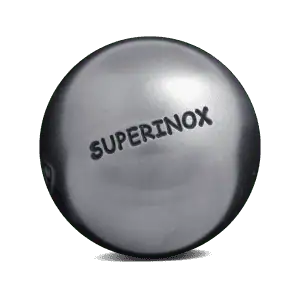 Obut Superinox petanque boule with engraved logo for competitive play.