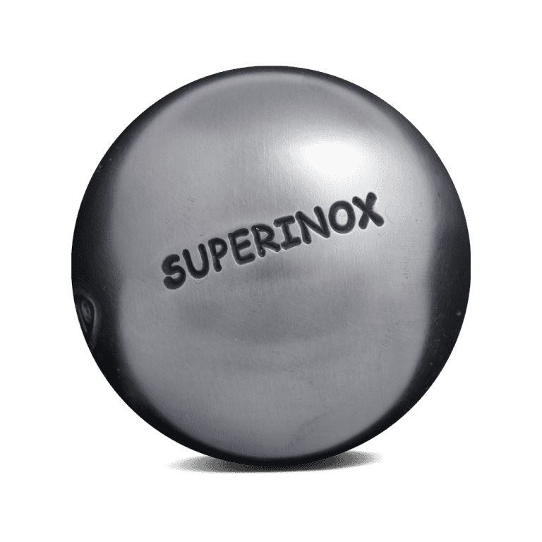Obut Superinox petanque boule with engraved logo for competitive play.