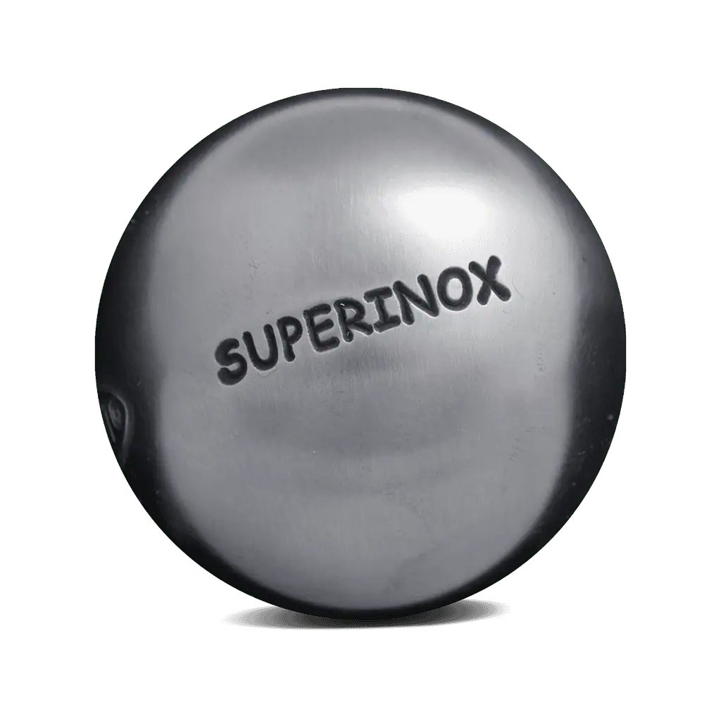 Obut Superinox petanque boule with engraved logo for competitive play.