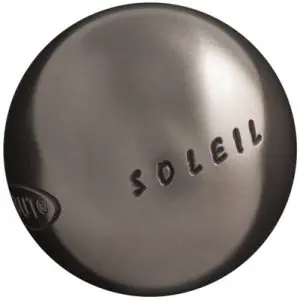 Obut Soleil petanque ball with engraved logo on metallic surface.