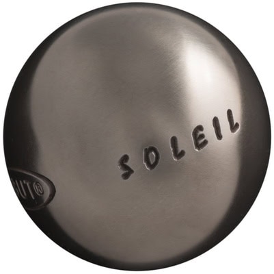 Obut Soleil petanque ball with engraved logo on metallic surface.
