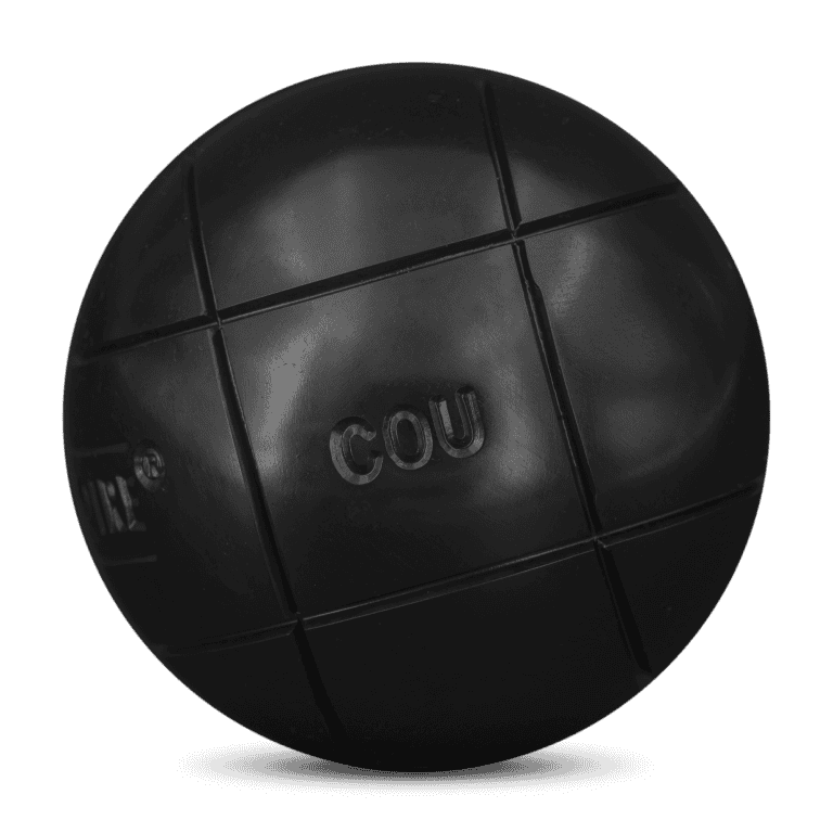 Black petanque ball with COU branding for petanque game.